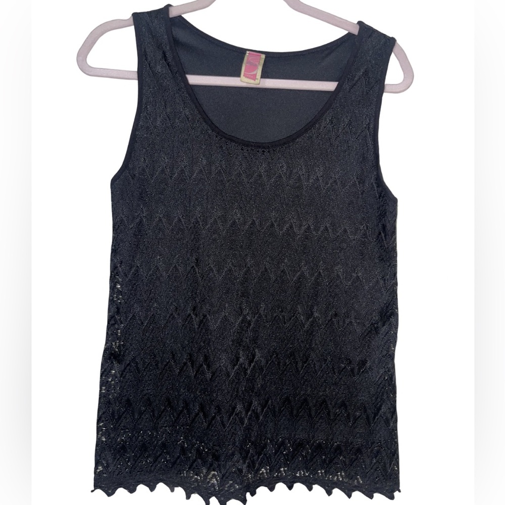 Charming Charlie Black Lace Tank Top L/XL Scalloped Hem Sleeveless Sheer Top